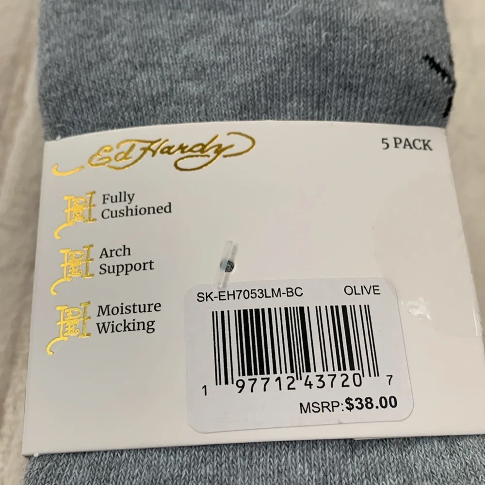 Ed Hardy Ladies Cushioned Mid Crew 5 Pair Socks Olive White Gray Size 4-10